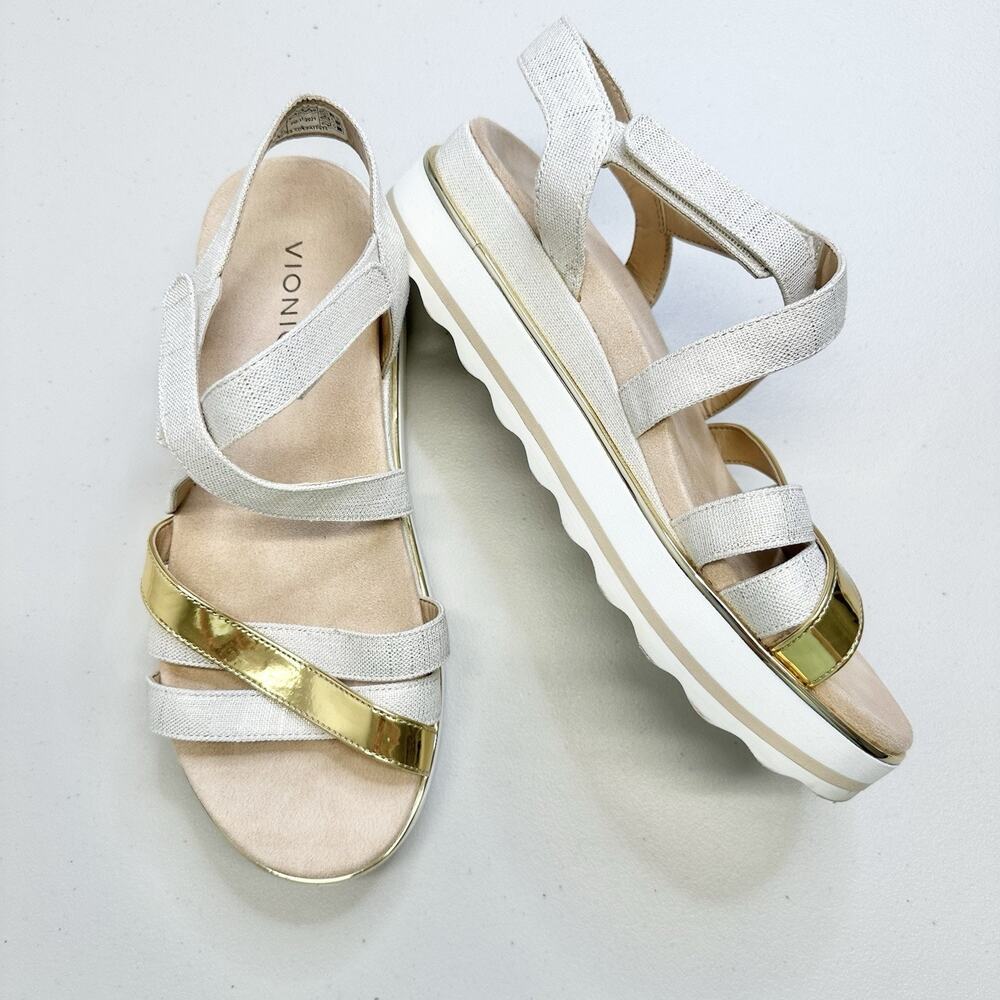 Vionic Kellyn Platform Sandals Womens Size 10 Gold Shimmer Adjustable Straps